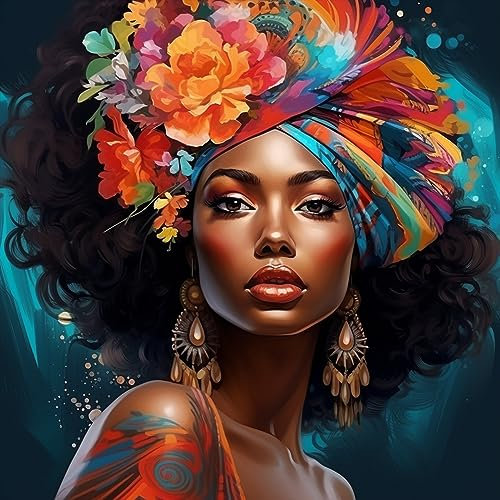 Bimkole 5D Diamond Painting DIY Kits Fleur Turban Femme, Femme Africaine Broderie Diamant Kits De Broderie Au Point De Croix Strass Rond Résine Peinture Décor à La Maison 30X30cm