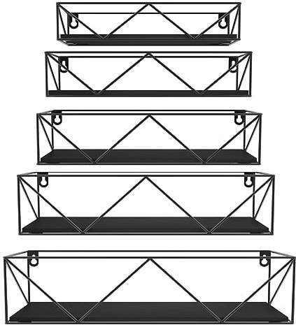 HORLIMER 5er-Set Wandregal, Schweberegal mit Schwarz Metal Stäben und Schwarz Holzbrett, Regal Wand für Küche, Bad, Schlafzimmer, Wohnzimmer und Büro (W-förmig)