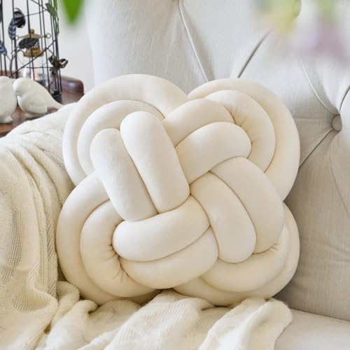 Xuyier Knot Pillow Ball, Decorative Throw Pillows with Velvet Fabric for Couch Bed, 12 Decor Knotted Square Floor Pillow Cushions for Living Room (12 Inches, Beige)