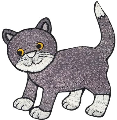 Katze Kater Grau Aufnäher zum aufbügeln oder aufnähen Bügelbild Aufbügler für Kleidung gestickter Bügelflicken Applikation Patch Größe 8,0 x 8,2 cm