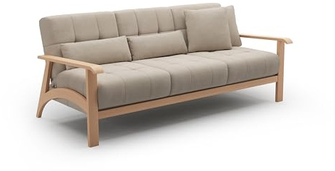 Cavadore 3er-Sofa Billan / 3-Sitzer Schlafsofa im skandinavischen Design mit Bett und massivem Holzgestell in Buche / 199 x 88 x 106 / Flachgewebe, Beige