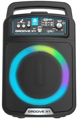 Groove X1 Portable Bluetooth Party Speaker with LED Ring Light Display, Wireless Sound System, Karaoke Microphone, 20W Output, Black, Perfect for Indoor and Outdoor Events