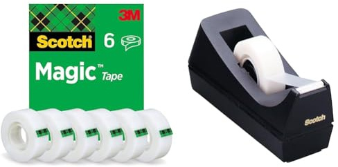 Scotch Magic Tape - 6 Rollen, 19 mm × 33 m - Unsichtbares Klebeband für allgemeine Zwecke zur Reparatur, Etikettierung und Versiegelung von Dokumenten & C38 Schreibtisch Klebebandabroller, schwarz
