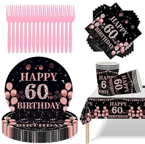 CTALBFF 69 PCs Black Rose Gold Tableware Set, 60th Party Plates Napkins and Tablecloth, Rose Gold Paper Tableware for 60th Birthday Party Supplies Decorations