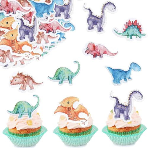 ENLACE Dino Tortendeko Essbar - 50 Stück Dinosaurier Kuchen Deko, Esspapier, Cupcake Topper, Muffins Deko für Kindergeburtstag