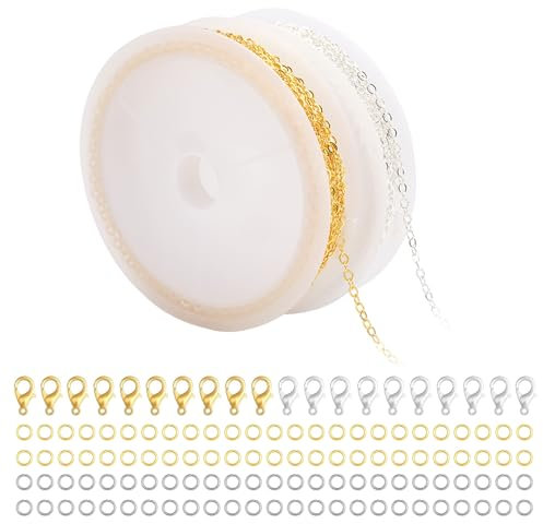300 cm/Rolle Gold Gliederkette Meterware + Silver Edelstahl Kette Meter, Gliederkette Schmuck Mit 20 Karabinerverschluss Und 100 Biegeringe, 0.2 X 0.3cm für DIY Halskette Basteln, Chmuck Herstellung