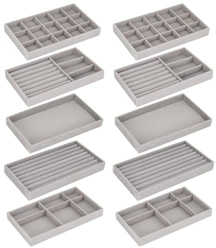 WENLISELL 10 Pack Jewelry Organizer Trays, Velvet Jewellery Trays for Drawers, Stack Jewellery Drawer Organiser Insert for Earring, Ring, Necklace, Bracelet
