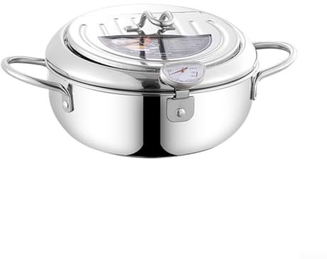 Eawfgtuw Olla freidora de acero inoxidable 304 de 2,2 L/3,2 L, olla tempura con tapa, con control de temperatura, escurridor de goteo de aceite para pollo frito, camarones, para patatas fritas