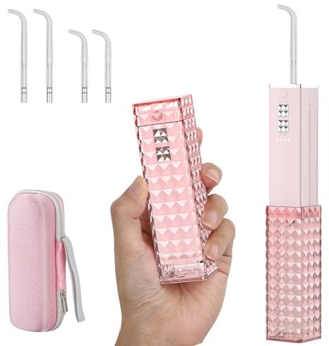 UODIR Irrigator Buccale Sans Fil, Mini Irrigateur Buccal à eau Portable avec Étui, 4 Modes et Étanchéité IPX7, Flosser à eau Rechargeable pour la Maison et Les Voyages, Taille Compacte (Rose)