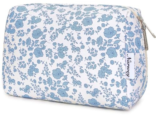 Narwey Make up Tasche Damen Schminktasche Kosmetiktasche Kulturtasche Damen Kulturbeutel, Makeup Tasche Makeup Bag (Kleine Blaue Blume, Groß)