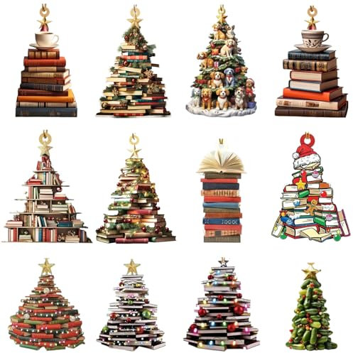12pcs Buchbaum Weihnachtsschmuck 3 Zoll Acryl 2D Buchbaumschmuck gestapelt Kleine Buch Ornament Weihnachtsbaumdekorationen für Innen- und Außen -Weihnachtsbaumdekoration