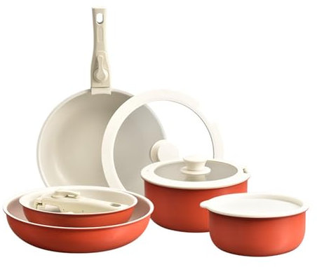 NNYCC Sets de Poêles et Casseroles en Céramique Antiadhésives en Alliage D'aluminium, 7 Pièces, Casserole Induction, Poele Sans Pfoa et Sans Ptfe,Lave-Vaisselle,Orange