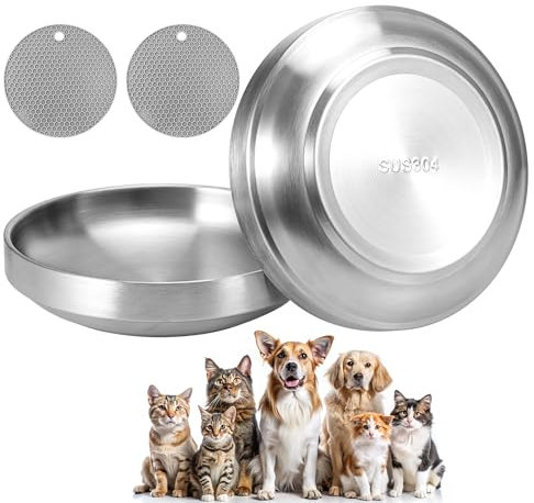 Hejo Stainless Steel Cat Bowl with Non-Slip Silicone Pads - 304 Steel Whisker Fatigue Pet Bowls, Spill-Proof Food Dishes for Cats, Kittens & Puppies, Durable 5.9 Inch Puppy Bowl (2 Pack)