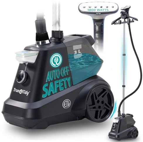 True & Tidy® - Vaporizador industrial resistente para ropa, 1800 vatios, tanque de agua extragrande de 3 litros de tiempo de vapor (negro mate, vaporizador comercial inteligente de apagado automático)