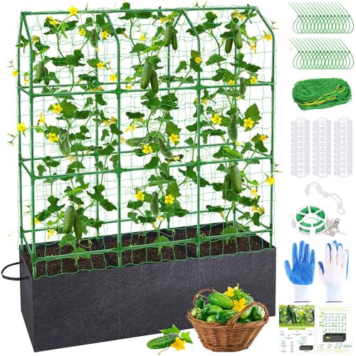 Cucumber Trellis for Garden Vegetable Trellis, 65x50 Inch Metal Garden Trellis Triangle Plant Grow Support Frame for Climbing Plants Support Vegetable Flower Fruits Vine with 46 Gallon Grow Bag