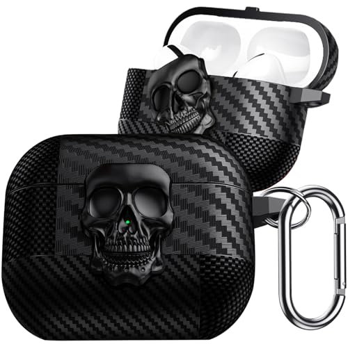 Fofvccv for AirPods 4th Generation Case 2024 with Rotatable Skull Metal Lock, Men Carbon Fiber Shockproof Protective Cover with Carabiner Compatible with MagSafe for AirPods 4 Case, Skull Black