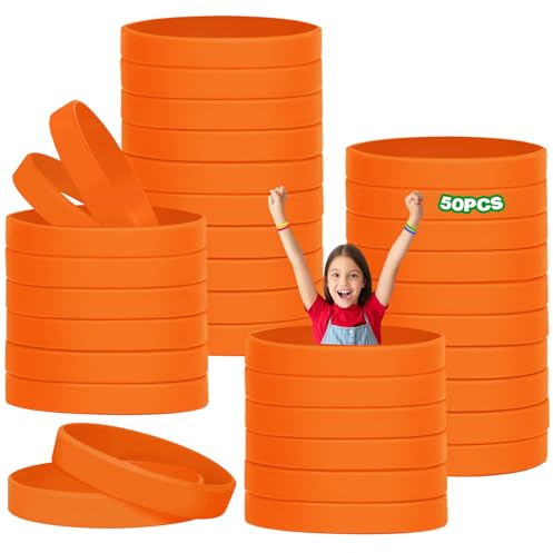 HONTIUS 50PCS Silicone Wristbands for Kids, Rubber Wristbands Blank Wrist Bands Universal Wristband Set Bulk for Teens Sport Suitable for 3-7 aged Orange