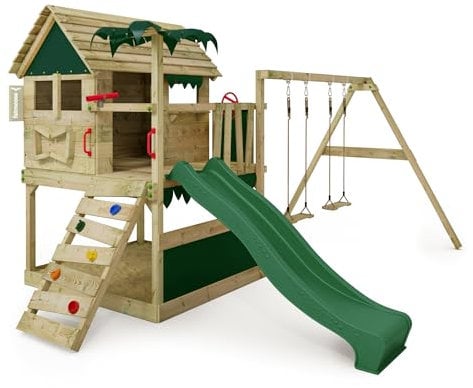 FATMOOSE Spielturm Klettergerüst TikaTaka Town XXL mit Schaukel & grüner Rutsche, Outdoor Kinder Kletterturm mit Sandkasten Leiter & Spiel-Zubehör für den Garten