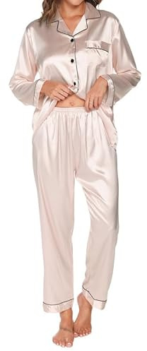 TeJoyce Pijama de Seda Largo para Mujer, Ropa de Dormir de Satén de Dos Piezas, Conjunto Loungewear de Raso de Manga Larga con Botones y Pantalón, Ropa de Casa Elegante y Cómodo de Invierno S-XXL