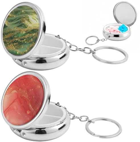 2 Stück Pillendose Klein für Unterwegs, 3 Fächer Tablettenbox mit Schlüsselanhänger, Metall Pillenbox Medikamentenbox, Tablettendose Medikamentendose für Pillen Vitamine(Rosa+Grün)