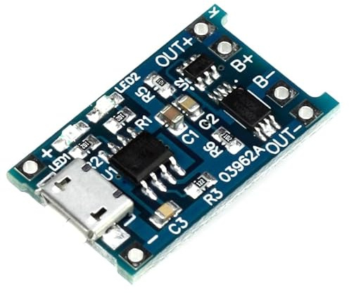 Li-Ion Lademodul TP4056 + DW01, 1A Ladestrom, MicroUSB für 3,7V LiIon-Akku/LiPo-Akkus / 1-Zellen-Akku/Single Cell Battery (2 Stück)