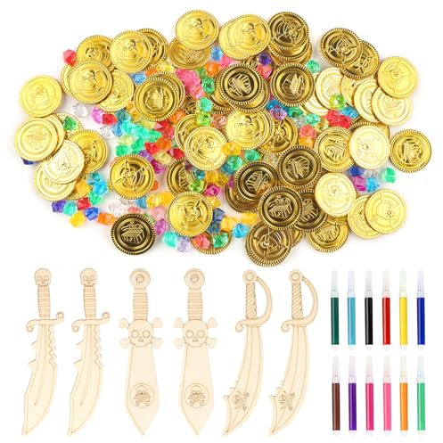 DXLing 268 Stück Piraten Goldmünzen Set für Kinder mit 100 Piratenschatz Goldmünzen +150 Acryl Edelsteine + 6 Piraten Schwert aus Holz + 12 Farbige Stifte für Schatzsuche Kindergeburtstag