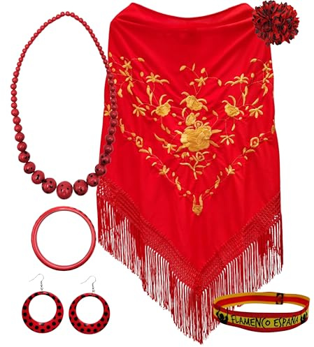 Manila-Schal mit Accessoires: Manila-Schal mit gestickten Blumen, Haarspange, Halskette, Armband und Ohrringe mit Flamingos und Stoffarmband.