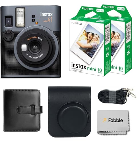 Fujifilm Instax Mini 41 Instant Film Camera Bundle with Groovy Case, Twin Pack Film (20 Sheets), Photo Album (32 Photos), –Vintage Black