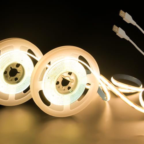 Aclorol 2er-Pack 2M Warmweiß COB LED Streifen mit 1m langem USB-Kabel 5V | 3000K Warmes Gleichmäßiges Licht, Flexibel Lichtleiste LED Selbstklebend, Einfache Montage für TV Heimdekoration, CRI85+