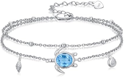 SLIACETE Schildkröten Fußkettchen für Damen 925er Sterlingsilber Schweizer Blautopas Strand Meeresschildkröte mehrlagige Fußkettchen Hawaii Ozean Schmuck Geschenke