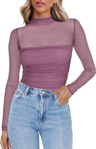 Zeagoo Women's Mesh Tops Long Sleeve See Through Blouse Sexy Slim Fit Shirt | Elegant Ruched Blouse for Party, Festival and Clubwear XS-XXL