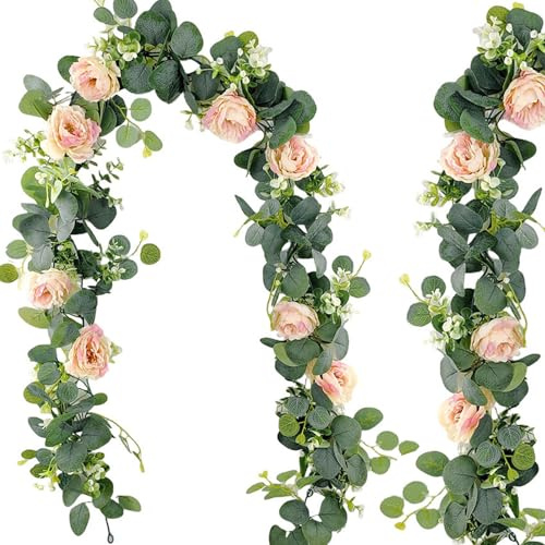 Lxoraziy 2 Stück Eukalyptusgirlande mit Rosa Rosen 180 cm – Künstliche Blumenranke für Hochzeit, Tischdeko, Boho-Dekoration, Frühling & Sommer