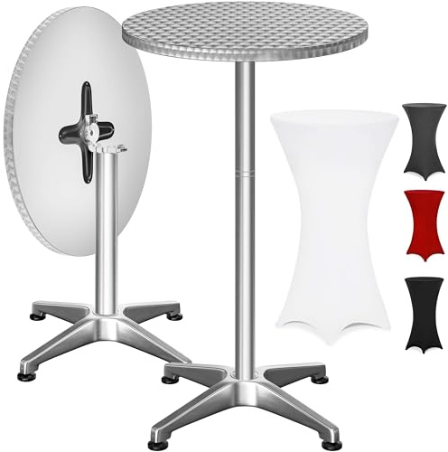Casaria® 2in1 Stehtisch mit Husse Klappbar Höhenverstellbar 70 cm / 115 cm Hoch Alu Rund Ø60 cm Wetterfest Outdoor Bistro Garten Party Biertisch Weiß