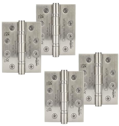 Decoranddecor Satin Nickel Door Hinges 4 Inch Fire Rated Internal 4 Hinges | Satin Nickel Hinges for Internal Doors, Heavy Duty Fire Door Hinges, Ball Bearing Butt Hinge, 102mm Grade 11, Steel Hinges