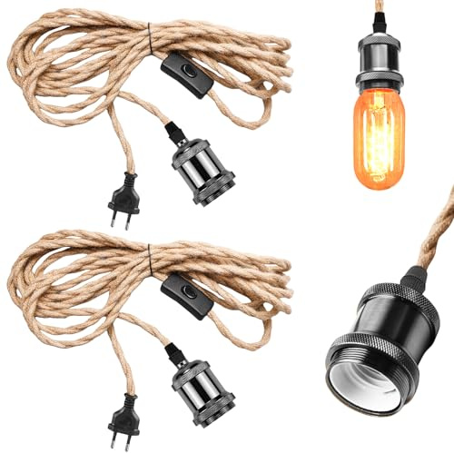 Lot de 2 lampes suspendues vintage E27 avec câble et prise, suspension avec interrupteur et câble en corde de chanvre de 4,6 m, kit de suspension à monter soi-même.