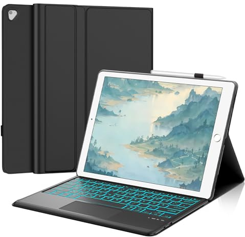 Tastatur Hülle für iPad Pro 12.9 Zoll 1./2. Generation Touchpad/Beleuchtung | Deutsches QWERTZ Layout, Magnetisch Abnehmbar Keyboard für iPad Pro 12,9 2017/2015, Schwarz