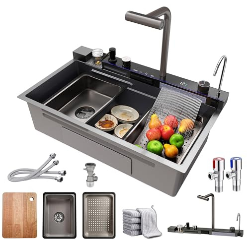 Lavandino Cucina 1 Vasca Multifunzione Kitchen Sink Moderno Acciaio Inox Lavello Cucina Cascata, con Set Completo di Accessori, Accoglie una Pentola Grande da 30 cm di Diametro (Nero, 80x45cm)