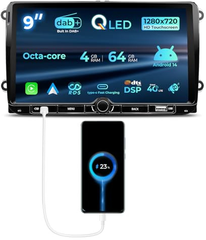Autoradio per VW Golf Passat Touran Seat Skoda, 9 pollici Octa Core 4 + 64 GB Android Radio con DAB WLAN 4G Bluetooth Wireless Carplay/Android Auto GPS Navi DSP FM AM RDS SWC