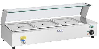 Royal Catering RCBM-3 Bagnomaria Elettrico Professionale 3 x 1/2 GN (1300 W, 30–90 °C, 95x40x16 cm, Aciaio Inox, Rubinetto di Scarico, Vetro di Protezione)