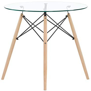 EGGREE - Mesa de comedor de cristal redonda, mesa de cocina escandinava, diseño de patas de madera y marco de metal, 80 x 80 x 75 cm