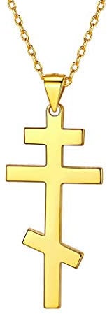 PROSILVER Damen Collier 18k vergoldet Russisch Orthodoxe Kreuz Anhänger mit 925 Silber Rolokette 1,5mm/46+5cm religiöser Schmuck Accessoire für Frauen Mädchen