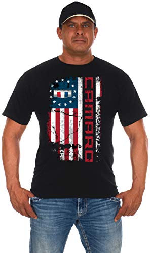 JH Design Herren Chevy Camaro T-Shirt USA Flagge Kurzarm Schwarz Rundhals Shirt, Schwarz, XX-Large