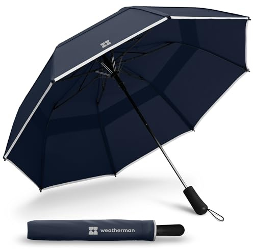 Weatherman Premium Collapsible Travel Umbrella - Windproof, Compact, Easy Auto Open - Resists Up to 55 MPH Winds - Perfect for Rain, Wind, Backpack, Car - Folding Umbrella (Navy Blue)