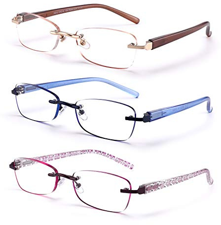 FEIVSN 3-Pack Rimless Reading Glasses For Women, Lightweight Spring Hinge Readers, Classic Elegant Artistic Eyeglasses UV 400 (Mix 1.5 Etc)