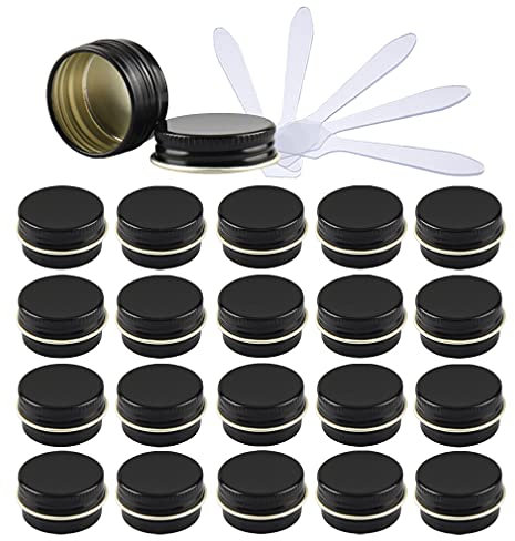ZEOABSY 24 Pièces 5ml Pots en Aluminium Vide Rond Noir Petit Cosmétiques Pot Conteneurs for Fait Main Bougies Crème Baume Voyage, 6X Spatule