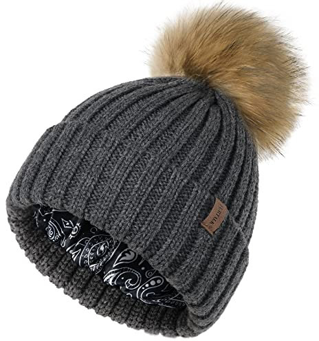 FURTALK Damen Satinfutter Bommelmütze für Haar Wintermütze mit Kunstfell Bommel