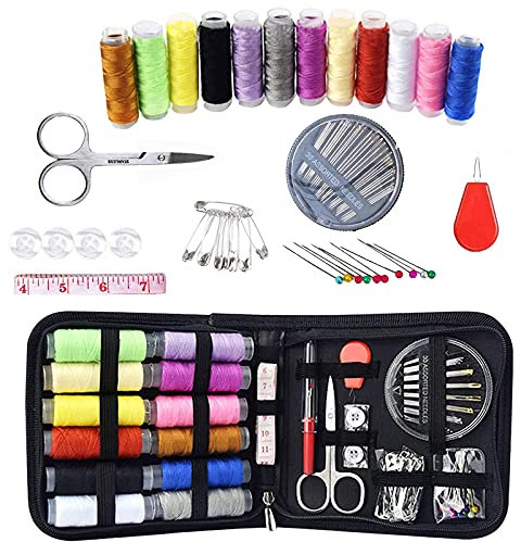 Kit de Costura,LauCentral Costura Kit de Accesorios para el Viajes y Principiantes y emergencias, Costura Premium con Funda de Transporte, para hogar, viajes, Uso de Emergencias (Negro)