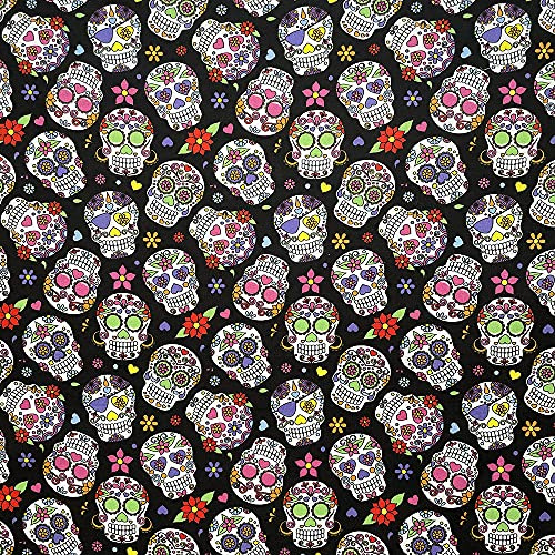 100 % Baumwolle, Halloween-Motiv, für Kinder, Handwerk, hochwertiges Material, 140 cm breit, Meterware, Totenköpfe in Schwarz