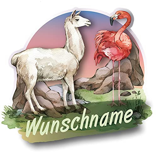 Samunshi® Alpaka und Flamingo Wandtattoo Türschild mit Name personalisierbar Kinderzimmer Türaufkleber Baby Wandaufkleber 40 x 40cm Alpaka und Flamingo