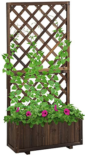Outsunny 72.5 x 31.5 x 149.5 cm 45L Garden Wooden Pine Trough Planter with Topped Trellis Climbing Plants Flower Raised Bed, Carbonised Finish